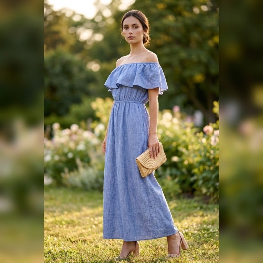 Rove Maxi Dress Womens Medium Blue 100% Linen Off Shoulder Ruffle Vacation